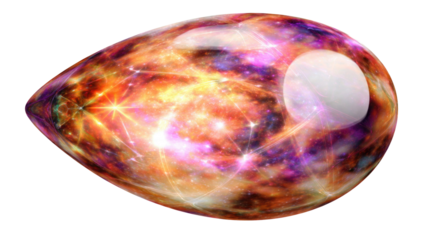 Vibrant cosmic teardrop gem, glowing with nebulae, sparkling stars, and a luminous orb, encased in a reflective, smooth, space-like form. background removed