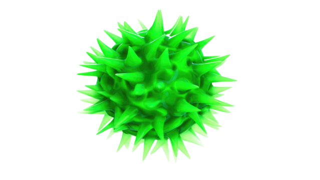Vibrant green spiky spherical object, resembling a microscopic virus or cell, with glossy surface and sharp protrusions against a deep transparent background. background removed - Powered by Adobe