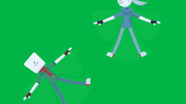 Stick figure character flying through the air with arms outstretched on green screen chromakey background. Fun loopable 2d animated cartoon animation great for superhero scenes, flying effects,