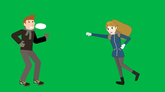 Young couple in winter clothes throwing snowballs at each other playfully on green screen chromakey background. Cheerful loopable 2d animated cartoon animation ideal for winter romance, holiday