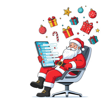 Vibrant flat 2D vector illustration of Santa Claus in a modern workshop checking his massive digital gift list on a glowing futuristic tablet amidst colorful floating Christmas ornaments.