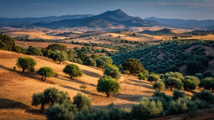 Sunset Light Over Olive Groves in Andalusia Hills With Distant Mountains and Rolling Landscape Views