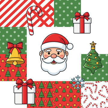 Ilustrasi vektor 2D datar hidup koleksi Natal konseptual: Ikon Santa sentral, kaos kaki, lonceng, dan pria roti jahe, diatur rapi dalam kisi datar bersih di latar putih.