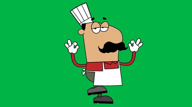 Happy chef character with mustache waving both hands excitedly on green screen chromakey background. Fun loopable 2d animated cartoon animation perfect for cooking shows, restaurant ads, and joyful