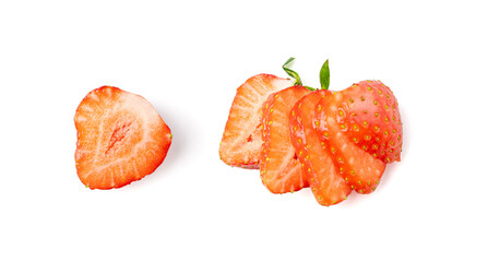Strawberry pieces isolated, red berry cut set, fresh strawberries slices, summer food ingredient