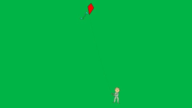 Small red kite with long tail flying high in the sky on green screen chromakey background. Cheerful loopable 2d animated cartoon animation perfect for childhood, outdoor play, summer fun, and windy