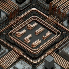 Intricate computer circuit design with copper piping forming a central tile with metallic shapes