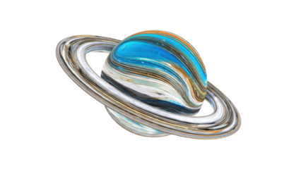 A vibrant 3D abstract sphere with elegant rings, resembling a planet, showcasing swirling blue, white, gold, and black fluid patterns. background removed