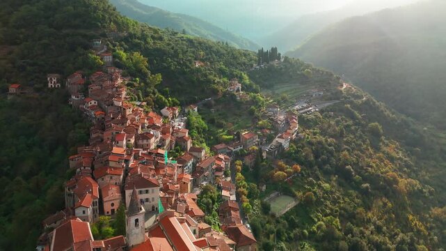 Aerial view of the picturesque hilltop town of Apricale, Liguria, Northern Italy