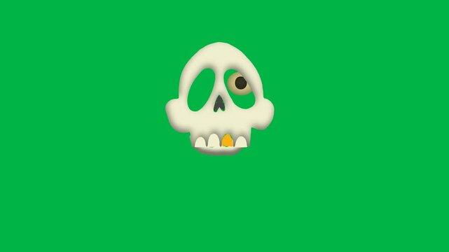 White skull with broken bones floating and spinning on green screen chromakey background. Spooky loopable 2d animated cartoon animation perfect for Halloween, pirate, danger, and death warning