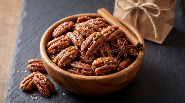 Warm Spiced Candied Pecans in a Wooden Bowl | Holiday Snack