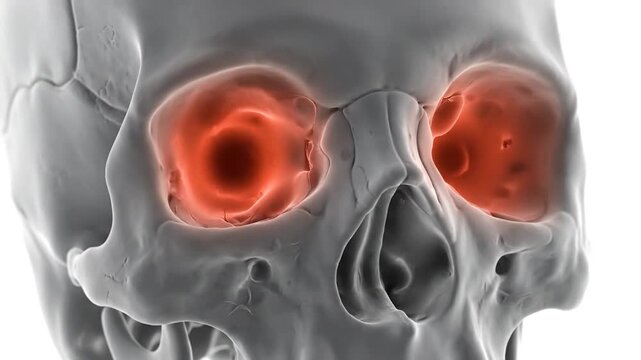 Anatomical 3D Rendering Of The Human Skull Highlighting The Eye Sockets With Blue Illumination Against A White Background Showing Intricate Bone Details And Sinus Cavities