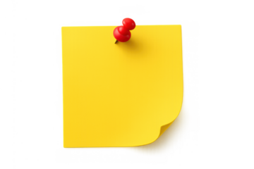 Yellow sticky note pinned with red thumbtack, holding important reminder memo or message, transparent background