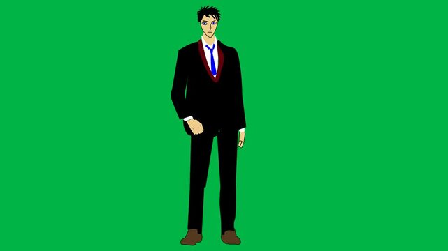 Confident businessman in black suit standing with hands on hips on green screen chromakey background. Professional loopable 2d animated cartoon animation great for success, leadership, and corporate