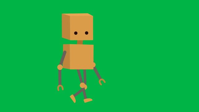 Funny cardboard box robot walking awkwardly on green screen chromakey background. Silly loopable 2d animated cartoon animation ideal for DIY, comedy robot, and quirky character scenes.