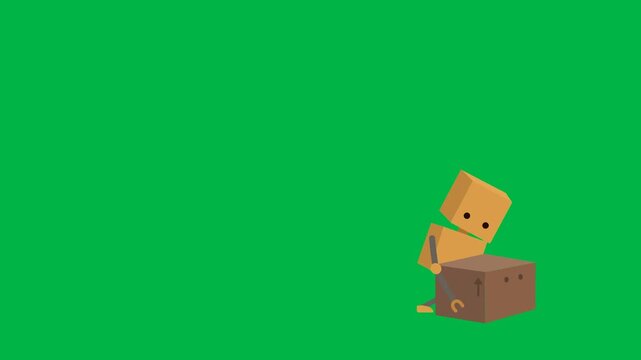 Cardboard box robot falling apart comically on green screen chromakey background. Hilarious loopable 2d animated cartoon animation perfect for fail, comedy, and broken robot humor moments.