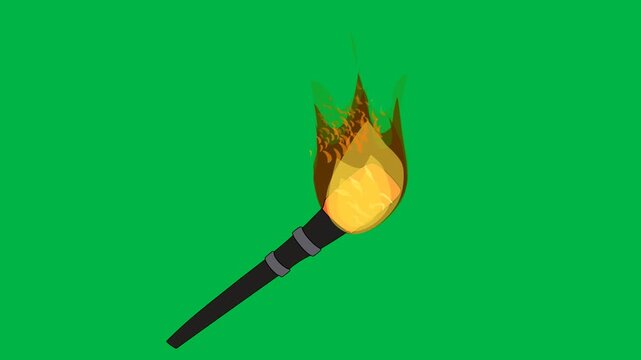 Paintbrush with fire flame on tip moving fast on green screen chromakey background. Dynamic loopable 2d animated cartoon animation great for magic, art effects, and fiery transition elements.
