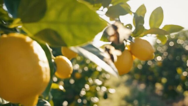 Close-up of bright yellow, ripe lemons hanging gracefully from a lush green citrus tree branch under warm, natural sunlight. The vibrant fruit is surrounded by healthy foliage, with soft, golden bokeh