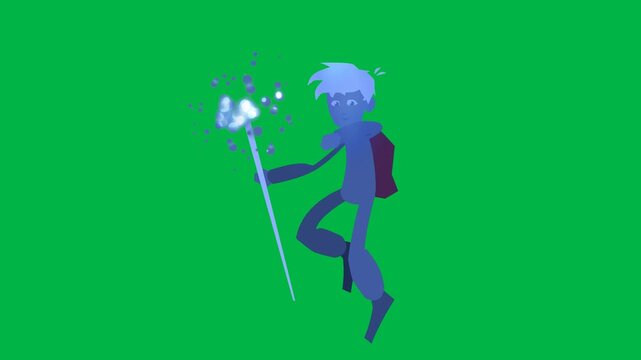 Blue wizard casting sparkling magic spell with wand on green screen chromakey background. Magical loopable 2d animated cartoon animation perfect for fantasy, sorcery, and enchanted spell effects.