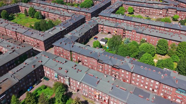Aerial view of the historic Nikiszowiec District in Katowice, Poland