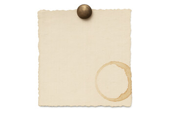 Vintage paper note with coffee stain and pushpin, an old blank crumpled memo pad for message or reminder