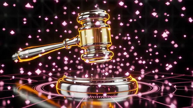 A digitally rendered gavel with glowing effects and sparkling particles, set against a dark, grid-patterned background