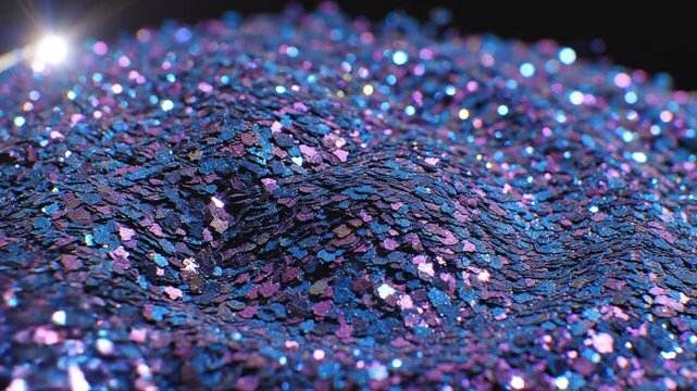 Slowly rotating dense abstract field of tiny vibrant blue and purple metallic glimmer flakes catching the bright studio light website element, depth, jewel tones