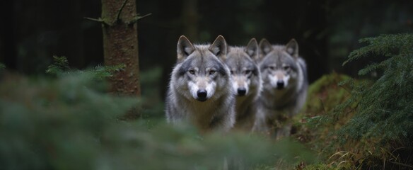 The wolf pack advances cohesively through dense forest undergrowth.