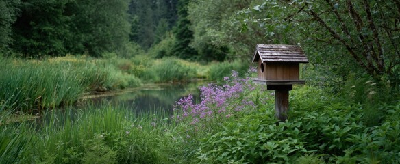 Naklejka premium Wood duck nesting box placed in vibrant marshland habitat full of greenery.