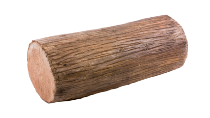 A weathered brown wooden log or branch segment, cut on both ends, showcasing its natural bark texture on a transparent background. background removed