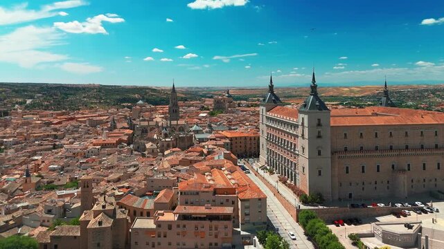 Aerial view of the historic cityscape of Toledo, Castilla-La Mancha, Spain.