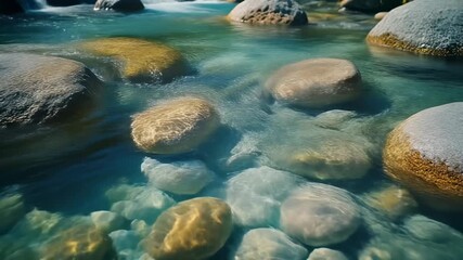 Crystal clear turquoise water flowing over submerged river stones and pebbles in a natural mountain stream environment - Powered by Adobe