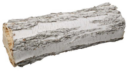 A single piece of birch firewood, displaying its distinctive white, textured bark and light-colored wood, ready for burning or decoration. background removed