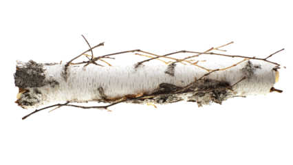 A segment of white birch log featuring its characteristic peeling bark texture and several thin, bare twigs attached, presented on a transparent background. background removed