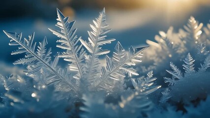 Macro shot of delicate hoar frost crystals illuminated by warm morning sunlight showing intricate ice formations on a cold winter morning. - Powered by Adobe