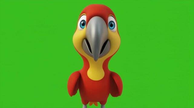 A cartoon parrot with a large beak and bright colors standing against a green background.
