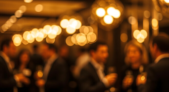 Blurred image of people at an event with warm lighting and bokeh effect in the background and foreground
