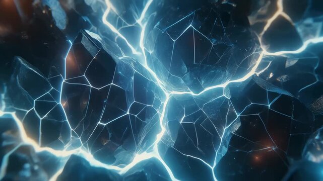 Dark energy crystal surface with electric blue fractures and power glow