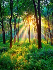 Obraz premium Fresh Spring Forest Provides Sunlight Filtering Through Branches With Soft Fog Creating a Natural Background for Text and Design Elements