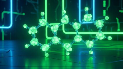 Glow Molecular Model with Green and Blue Neon Background