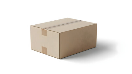 A closed brown cardboard shipping box with tape on a clean white background casting a subtle shadow representing delivery and logistics