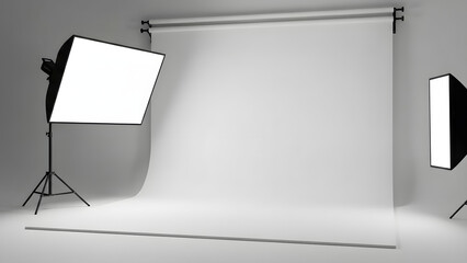 Professional photography studio setup with softbox lights and seamless white backdrop for portrait and product shoots creating clean and bright imagery