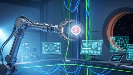 Futuristic Metallic Robotic Arm Holding Glowing Sphere in Lab