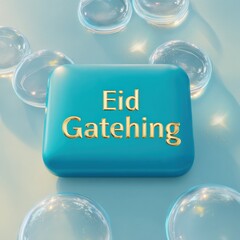 A shiny blue square displays gold text "Eid Gatehing" surrounded by clear orbs on a light blue background