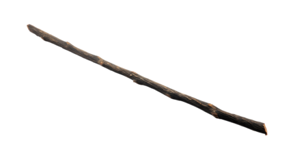 A single, dark brown, textured wooden stick or branch angled diagonally on a solid dark transparent background, isolated for use. background removed