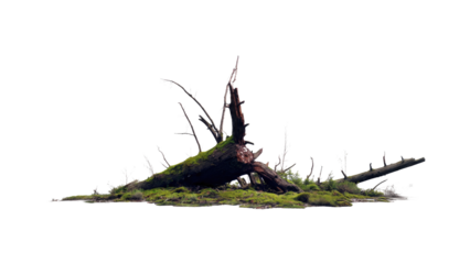 A weathered, moss-covered fallen tree trunk rests on green moss and small branches, isolated on a transparent background. background removed