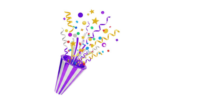 a vibrant 3d cgi rendering of a conical purple and white striped party popper exploding mid-air, scattering colorful confetti, gold streamers, and stars against a transparent studio background with
