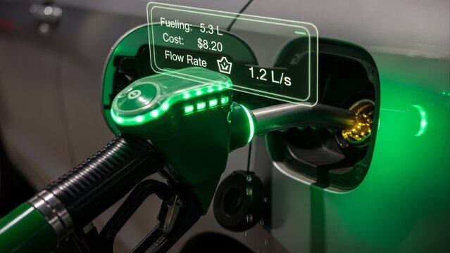 Fuel Nozzle Pumping Green Lit Showing Digital Display on Car - Powered by Adobe