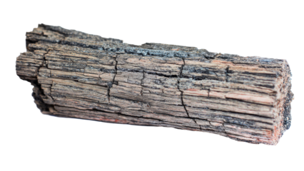 A weathered, charred wood stick or charcoal piece, featuring dry, cracked textures and dark tones, isolated on a clean background. background removed