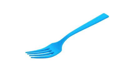 A vibrant blue plastic disposable fork, angled against a solid dark transparent background. Ideal for picnics or casual dining. background removed